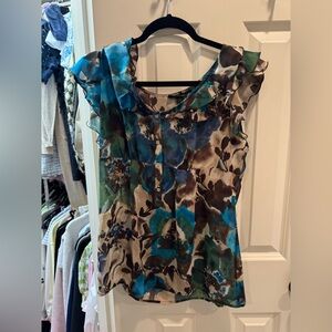 a.n.a Blue and Brown Floral Ruffle Blouse